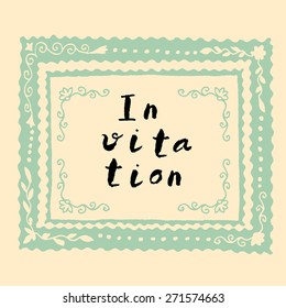 Invitation card in vintage style with ornate frame and vignettes in vector. Hand lettering design template