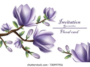 Invitation card with violet flowers. Vector white background