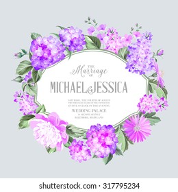 Invitation card with violet garden blooming flowers. Invitation card template with blooming hydrangea and custom text on the gray background Violet colored composition. Vector illustration.