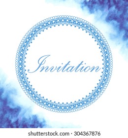 Invitation card with watercolor background. Vector illustration.  Indigo watercolor