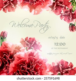 Invitation card with watercolor carnation frame. Wedding card. Floral background. Elegance pattern with flowers. Vintage vector illustration, eps 10