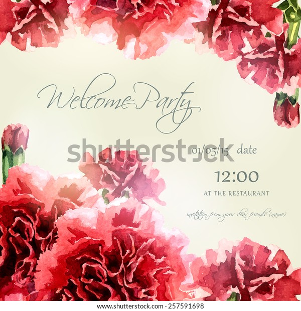 水彩のカーネーションフレームと招待状 ウエディングカード 花柄の背景 花を持つ優雅な柄 ビンテージベクターイラスト Eps10 のベクター画像素材 ロイヤリティフリー
