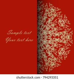 Invitation card for the wedding, anniversary, birthday and other holidays. Gold Illustrations on a red background with place for text. Can be used as a brochure, signboard, advertisement. EPS10