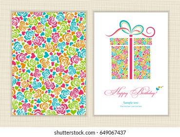 Invitation card for wedding, birthday, St. Valentine. Ornament of flowers and hearts. Pattern with roses. Surprise in the box. Vector illustration.