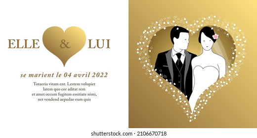 Invitation card for a wedding, elegant, graphic with a married couple in a heart - French text - translation: her  him are getting married. 