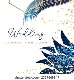 Tarjeta de invitación para una boda, elegante, gráfica sobre el tema del océano, azul y oro sobre un fondo blanco.