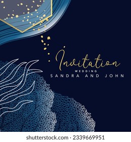 Tarjeta de invitación para una boda, elegante, gráfica sobre el tema del mar, azul y oro sobre un fondo azul marino.