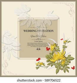 Invitation card or wedding card with floral pattern on background ,Contemporary vintage art, frame,motifs, elements. Vector decorative retro greeting card or invitation design. vector illustration.