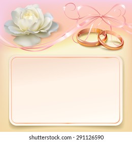 Invitation card for wedding with flower, ribbon and wedding rings