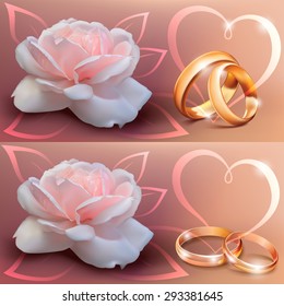 Invitation card for wedding with flower, ribbon and wedding rings