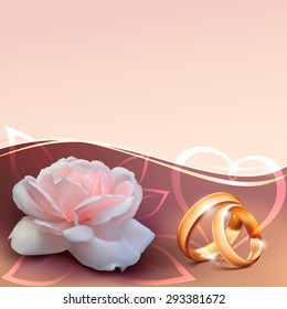 Invitation card for wedding with flower, ribbon and wedding rings