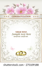 Invitation card for wedding. Flowers,ornament,wedding rings.