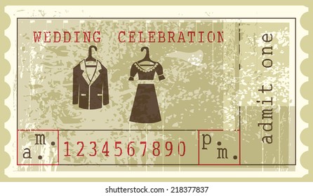 Invitation card.  Wedding invitation. Happy ticket. Jacket of bridegroom and dress of bride, wedding veil  are on a  vintage background.