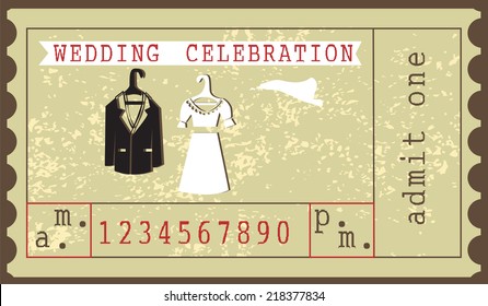  Invitation card.  Wedding invitation. Jacket of bridegroom and dress of bride,  wedding veil  are on a  vintage background.