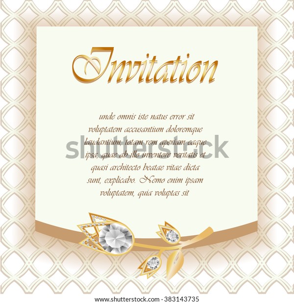 Invitation card. Invitation wedding.\
Invitation card with jewelry diamond decoration. Invitation card\
with gold decoration. Template card. Vector\
illustration