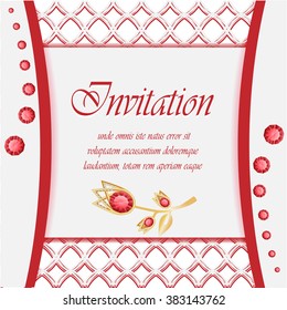Invitation card. Invitation wedding. Invitation card with jewelry ruby decoration. Invitation card with gold decoration. Template card. Vector illustration