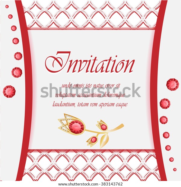 Invitation card. Invitation wedding.\
Invitation card with jewelry ruby decoration. Invitation card with\
gold decoration. Template card. Vector\
illustration