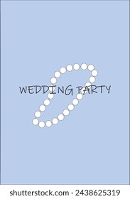 Invitation card for a wedding party, on a blue background, a string of white pearls and text.