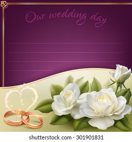 Invitation card for wedding with roses, ribbon and wedding rings