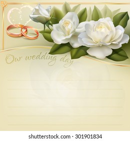 Invitation card for wedding with roses, ribbon and wedding rings