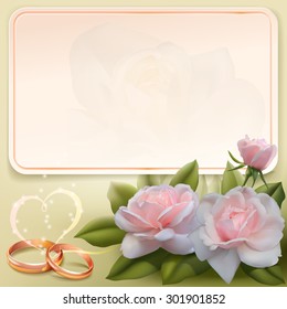 Invitation card for wedding with roses, ribbon and wedding rings