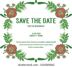 Invitation card wedding save the date, with ornament of green leafy flower frame elegant. Vector