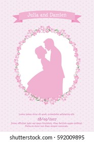 Invitation card for a wedding with a silhouette of a bride and groom in love vector illustration