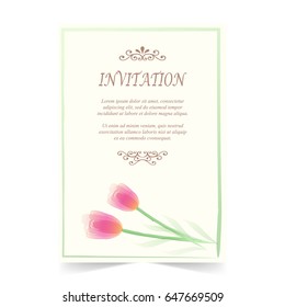 Invitation card, wedding card with tulips flower on ivory background, watercolor style