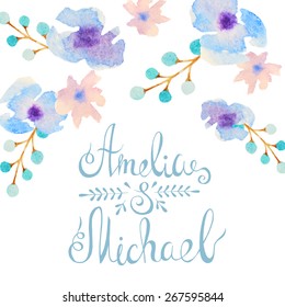 Invitation card for wedding with watercolor flowers