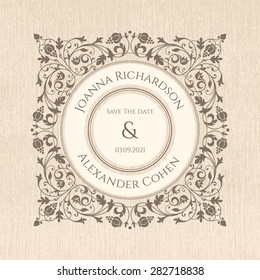 Invitation card. Wedding wooden textured invitation with silhouette frame