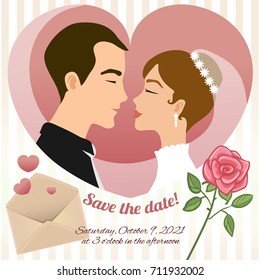Invitation card for wedding with young couple, rose, envelope and text, vector image, eps10