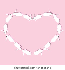 Invitation card with white bunnies with dark pink shadows lying in the shape of heart isolated on light pink background. For invitations, greeting cards, postcards