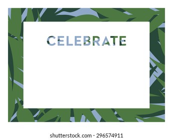 Invitation card with a white frame on green ferns, banner and cut out text. Can be used for a wedding, birthday or baby shower invitation or any other special occasion. Vector and illustration 