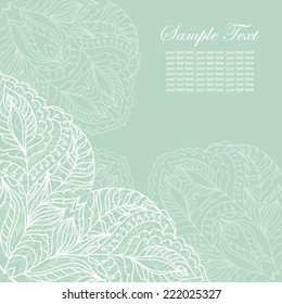 Invitation card with white lace ornament. Floral  lace on minty background.It can be used for decorating of invitations,cards,cover for book,notebook.Flowers vector illustration.