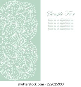 Invitation card with white lace ornament. Floral  lace on minty background.It can be used for decorating of invitations,cards,cover for book,notebook.Flowers vector illustration.