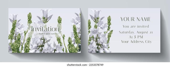 Invitation card with wildflowers bouquet (campanula flower). Floral horizontal vector template for wedding invite, Gift card, voucher, gift certificate