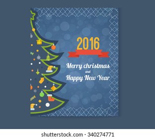 Invitation card with winter city life and space for text. Merry Christmas greeting card design. Merry christmas and New Year. Decorated Christmas tree with a star. Flyer, Brochure Design Templates.