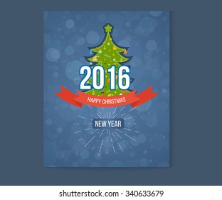 Invitation card with winter city life and space for text. Merry Christmas greeting card design. Merry christmas and New Year. Decorated Christmas tree with a star. Flyer, Brochure Design Templates.