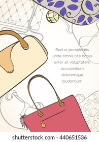 Invitation card for women bag shop. Card can be used for holiday cards, shopping invitation, postcard or fashion website banner. Bag shop design. Fashion concept.