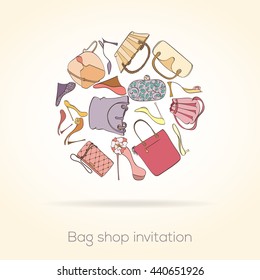 Invitation card for women bag shop. Card can be used for holiday cards, shopping invitation, postcard or fashion website banner. Bag shop design. Fashion concept.