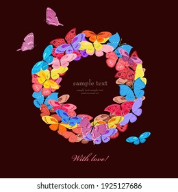 invitation card with wreath of colorful butterflies for your design