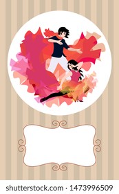 Invitation card with young couple dancing argentine tango. The hem of the girl dress at the same time looks like flames and a flying bird. Space for text.