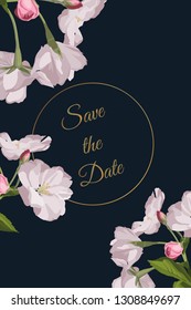 Invitation cards with beautiful spring cherry blossom flowers and golden frame on dark blue background for your design.