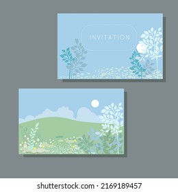 invitation cards in blue color with landscape field, cun, clouds