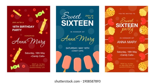 Invitation cards with candies and ice cream set. Cones, sweets, bars, lollypop vector illustrations with text, time and date. Birthday party and dessert concept for posters and flyers design