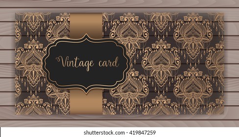 Invitation, cards with damask background. Arabesque style design. On wooden background. Business cards. eps10