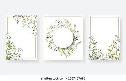 Invitation cards with floral and branches wreath