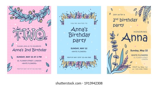 Invitation cards with flowers set. Leaves, buds, sprigs vector illustrations with text, time, date. Florist or plant shop, spring concept for flyers and party announcement posters design