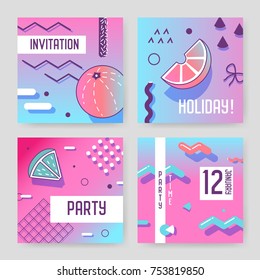 Invitation Cards in Geometric Trendy Memphis Style. Hipster Party Composition Template Posters, Advertising. Vector illustration