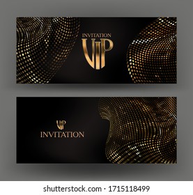 Invitation cards with gold levitating material made from metallic circles. Vector illustration